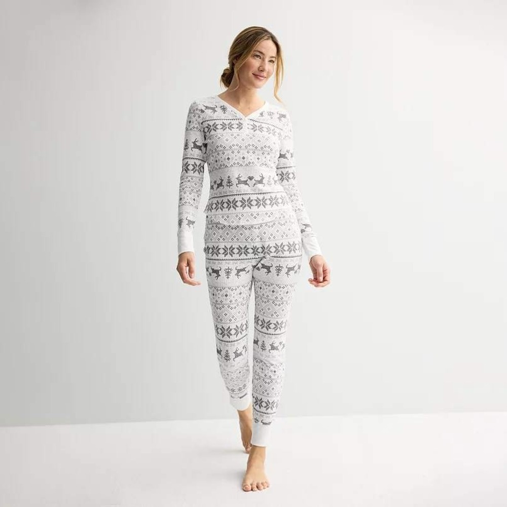 Sonoma Pajama Top Women Medium White Grey Fair Isle Reindeer Waffle Knit Henley